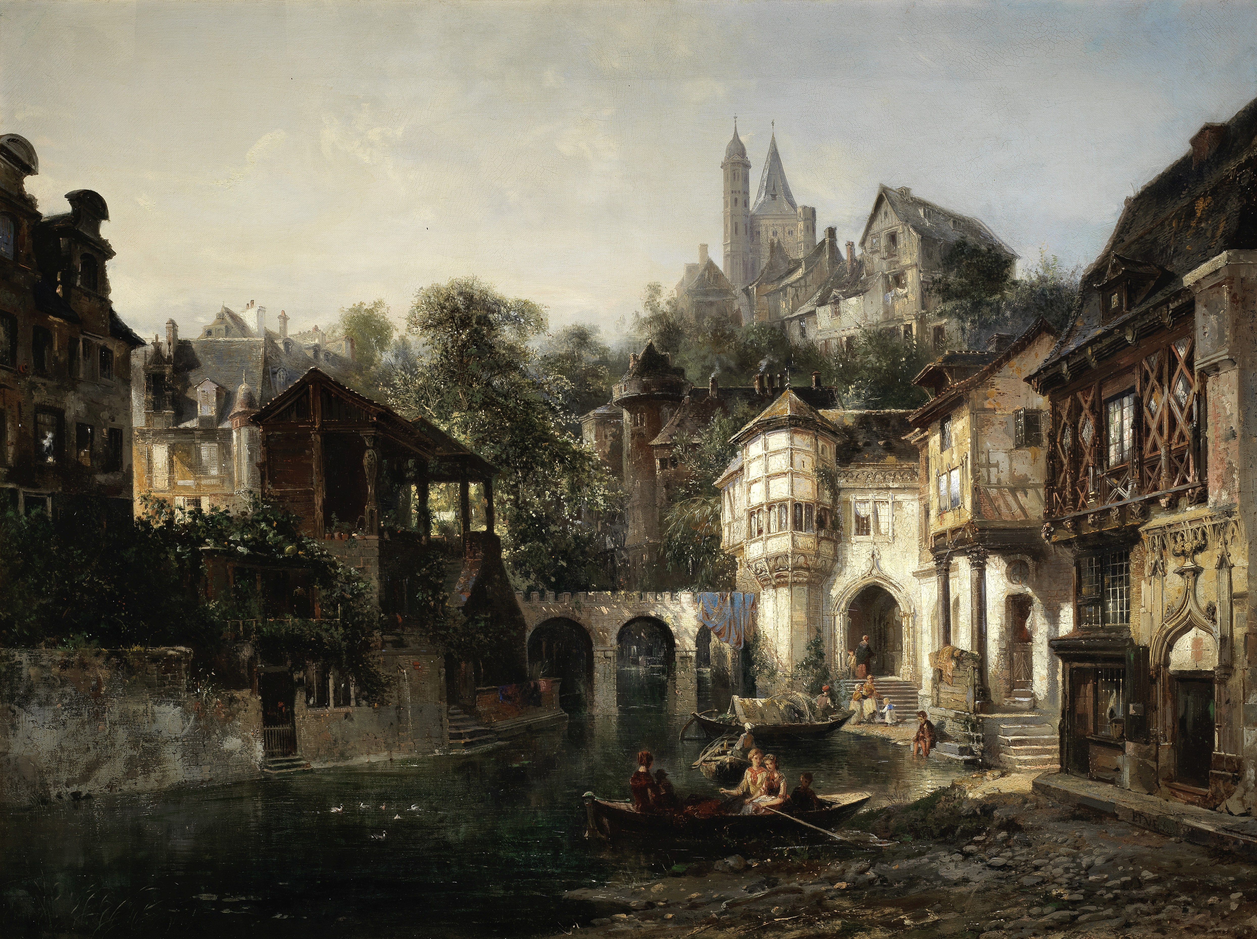 Pierre Tetar Van Elven (Dutch 1828-1908) A Continental town with figures rowing on a river