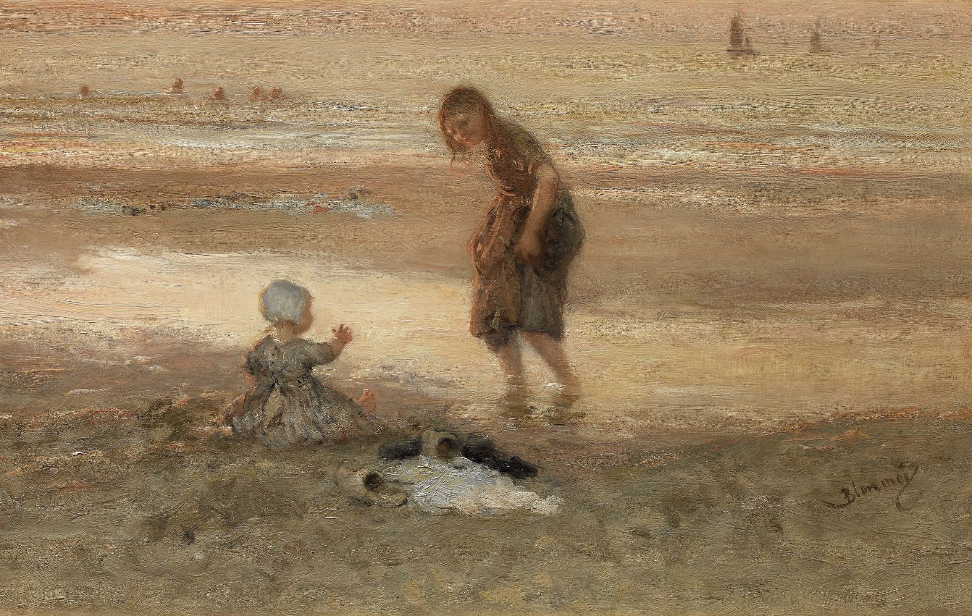 Bernardus Johannes Blommers (Dutch, 1845-1914) Paddling at low tide, sunset