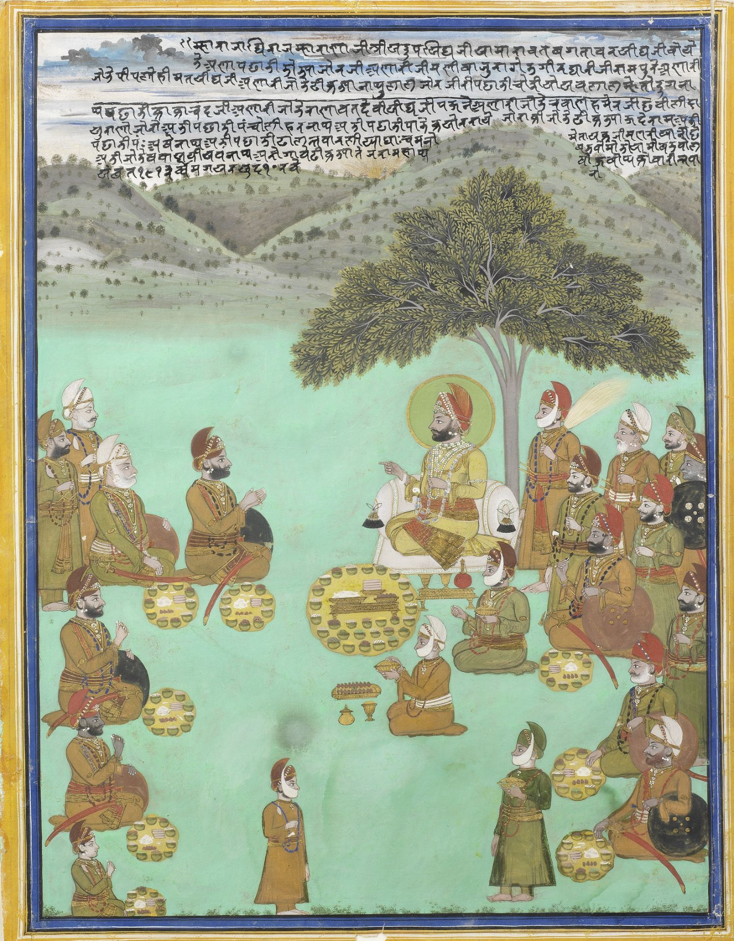 Maharana Sarup Singh (reg. 1842-61) on a hunting picnic with officers and courtiers Udaipur, circ...