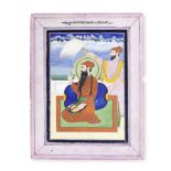 Guru Arjan seated on a terrace holding a flower, with an attendant holding a flywhisk Punjab, att...