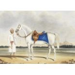 A grey horse of the Madras Light Cavalry standing in a landscape with its groom, with the fort of...