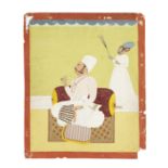 A prince seated against a terrace smoking a hookah, an attendant with a flywhisk standing nearby ...