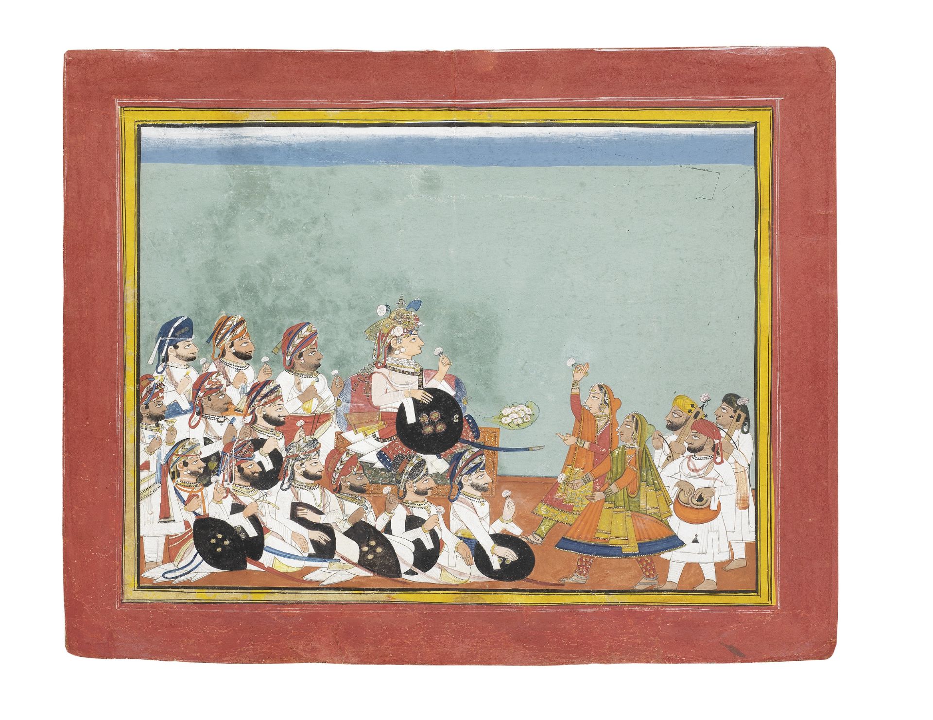 Maharajah Balwant Singh of Ratlam (reg. 1825-57) watching two nautch girls performing in the comp...