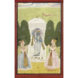 Two Mewar princes showing reverence to Krishna, who stands in a temple alcove Udaipur, mid-18th C...