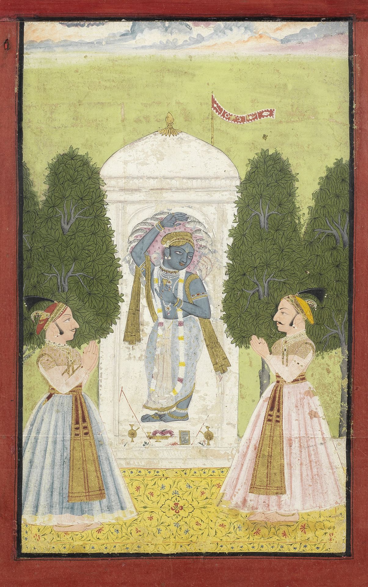 Two Mewar princes showing reverence to Krishna, who stands in a temple alcove Udaipur, mid-18th C...