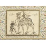 Two demon musicians on a composite camel, led by a third demon Qajar Persia, signed by Sattar Tab...