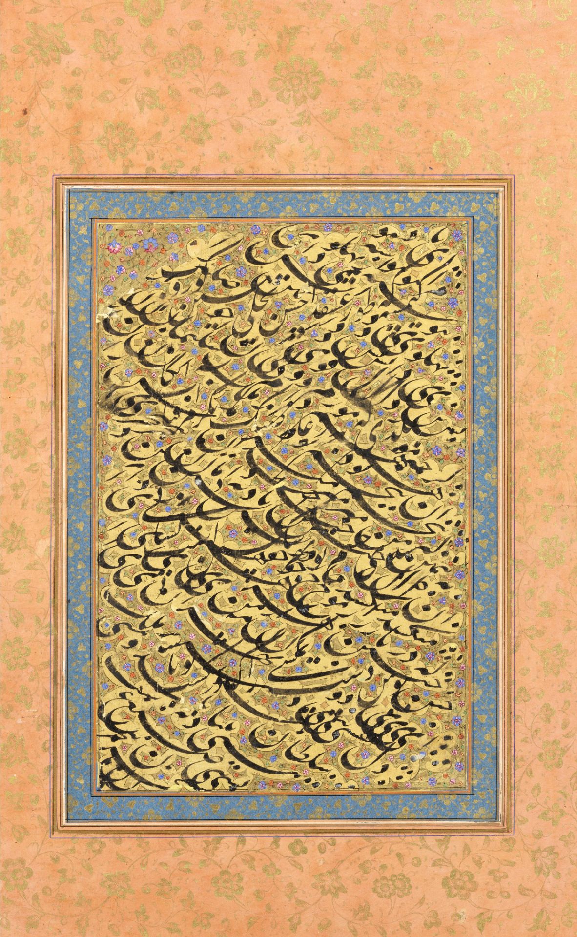 An album page of calligraphic practice writing (siyah mashq) in profuse nasta'liq script Persia, ...