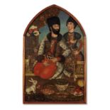 A nobleman drinking wine at a terrace window, a servant standing by Qajar Persia, in a Zand style...