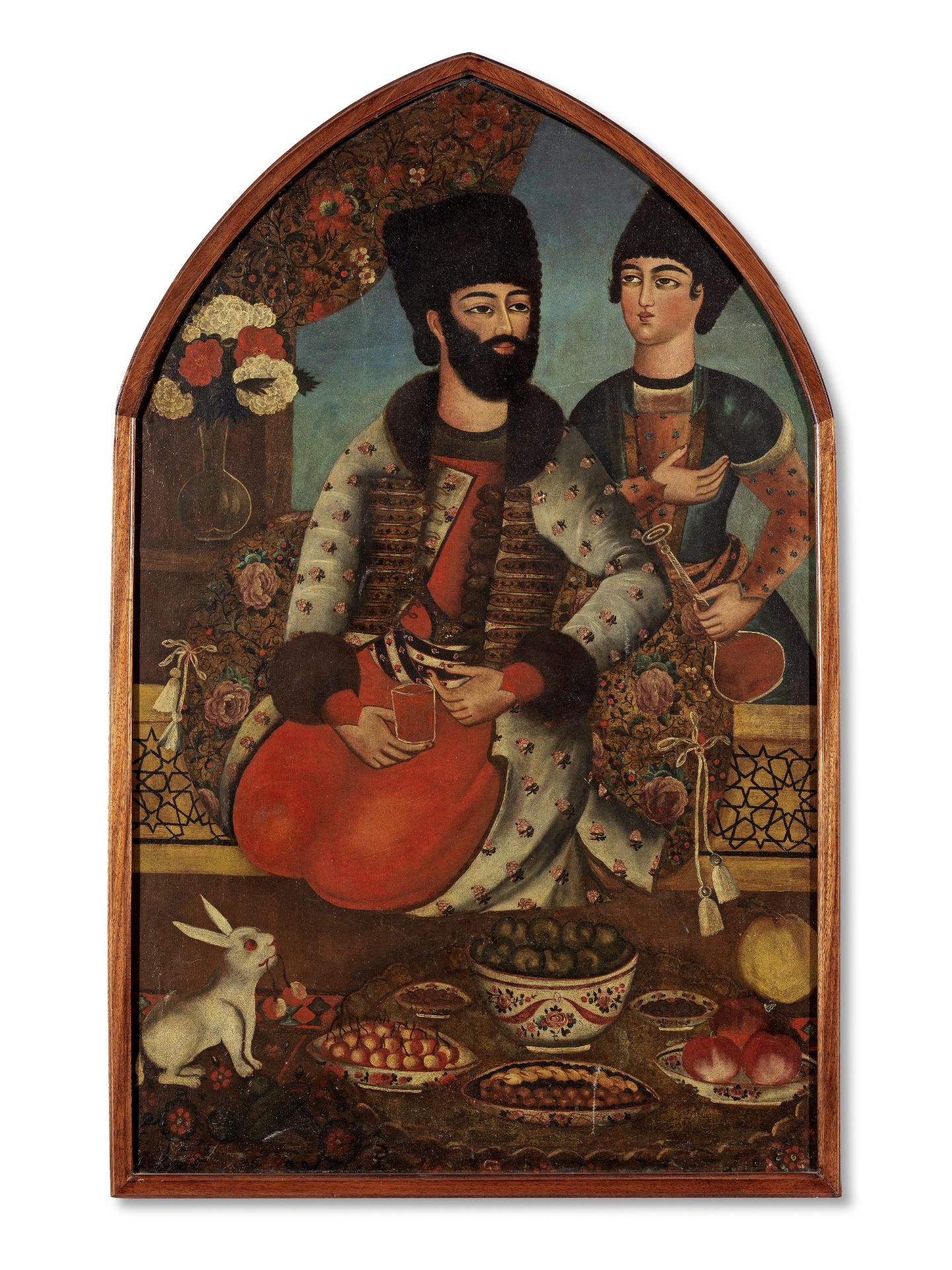 A nobleman drinking wine at a terrace window, a servant standing by Qajar Persia, in a Zand style...