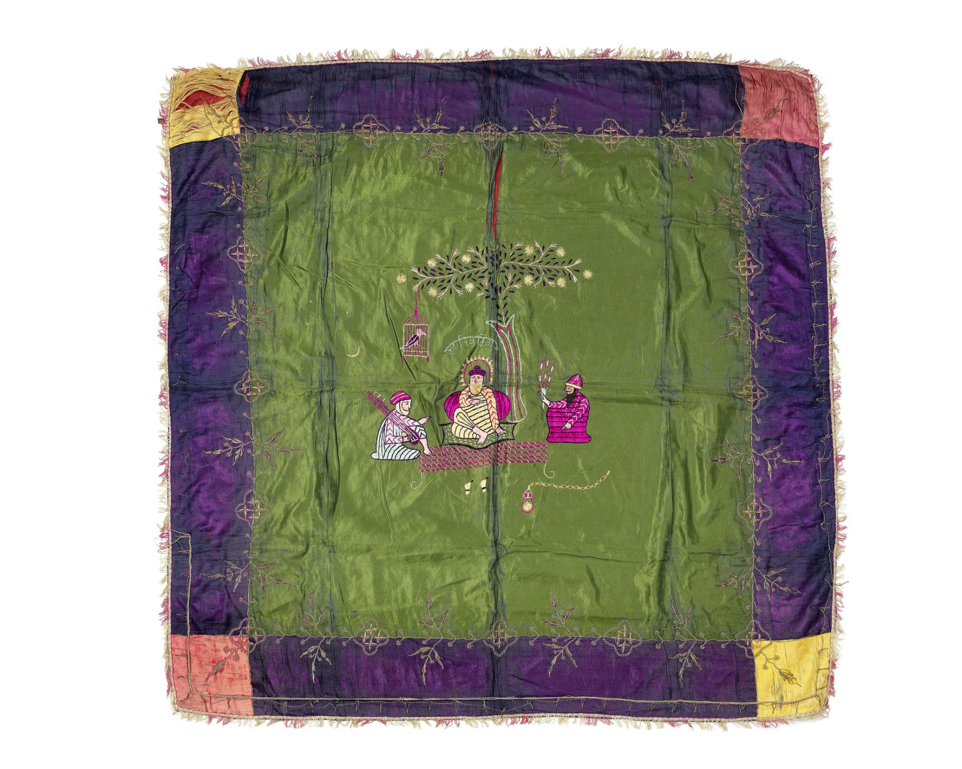 An embroidered silk panel depicting Guru Nanak North India, 19th Century