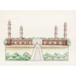 Three views of monuments from a dispersed album: the Golden Temple at Amritsar, Ranjit Singh's to...