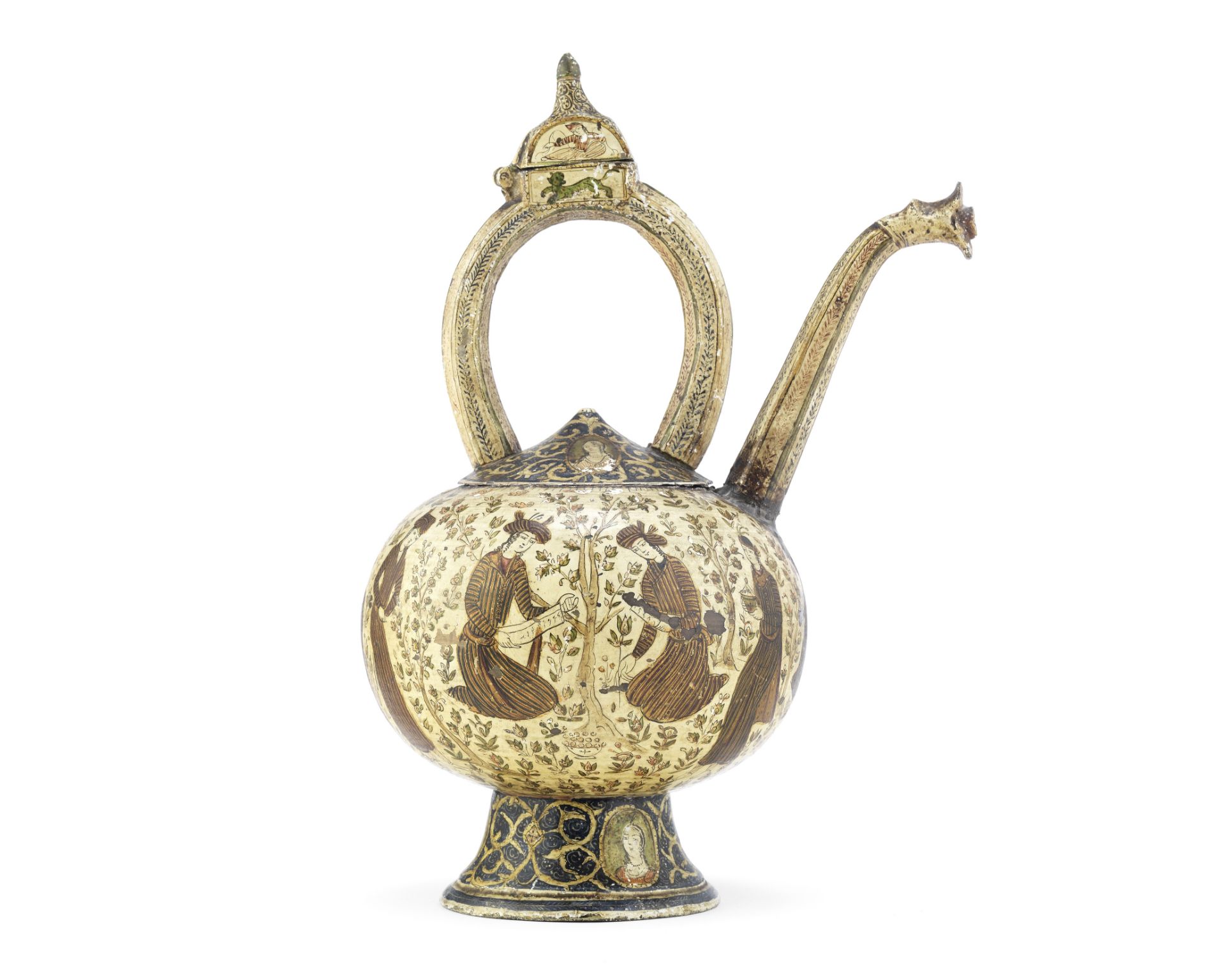 A Mughal copper and brass ewer with Qajar painted decoration North India and Persia, 16th century...