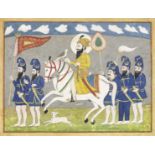 Guru Gobind Singh on horseback accompanied by five akalis on foot Punjab, 19th Century