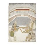 A lady, described as Taj Bibi of Agra, seated with a consort on a palace terrace, two courtiers k...