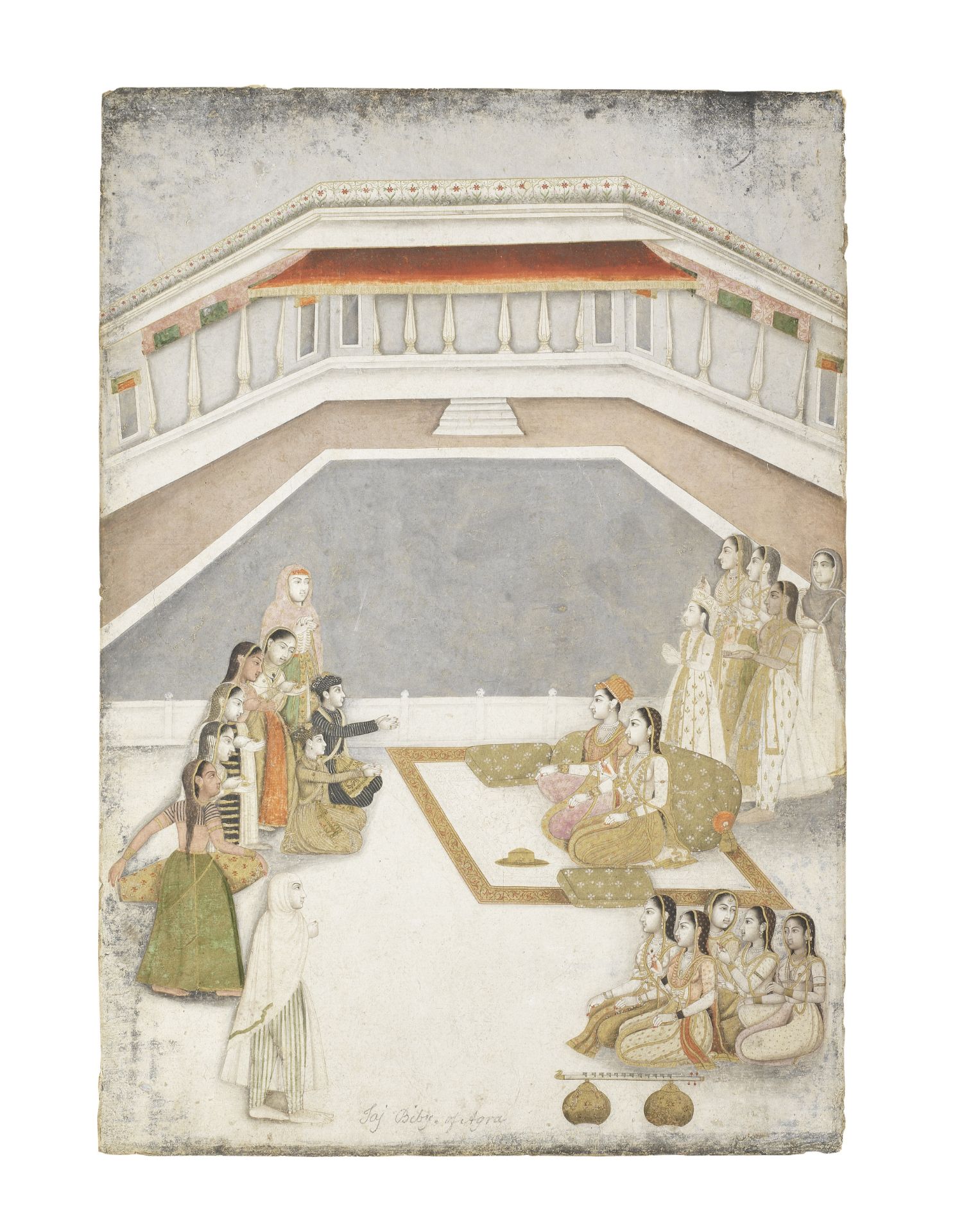 A lady, described as Taj Bibi of Agra, seated with a consort on a palace terrace, two courtiers k...