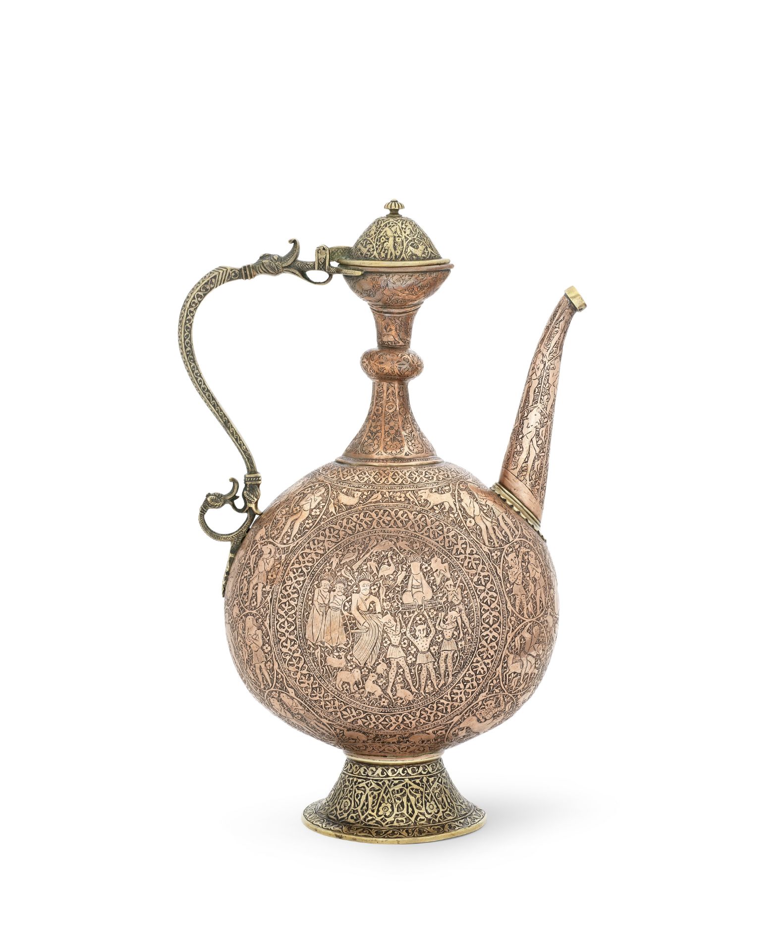 A Qajar brass and copper ewer depicting the prophet Suleyman (Solomon) Persia, 19th Century