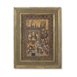 Khusraw Parviz with an assembly of courtiers and servants, by a follower of Haj Mirza Aqa Imami (...