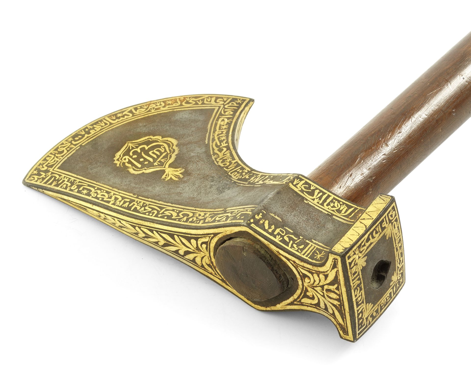 An Ottoman gold-damascened steel axe-head signed by Feyzi Turkey, early 19th Century, possibly da...