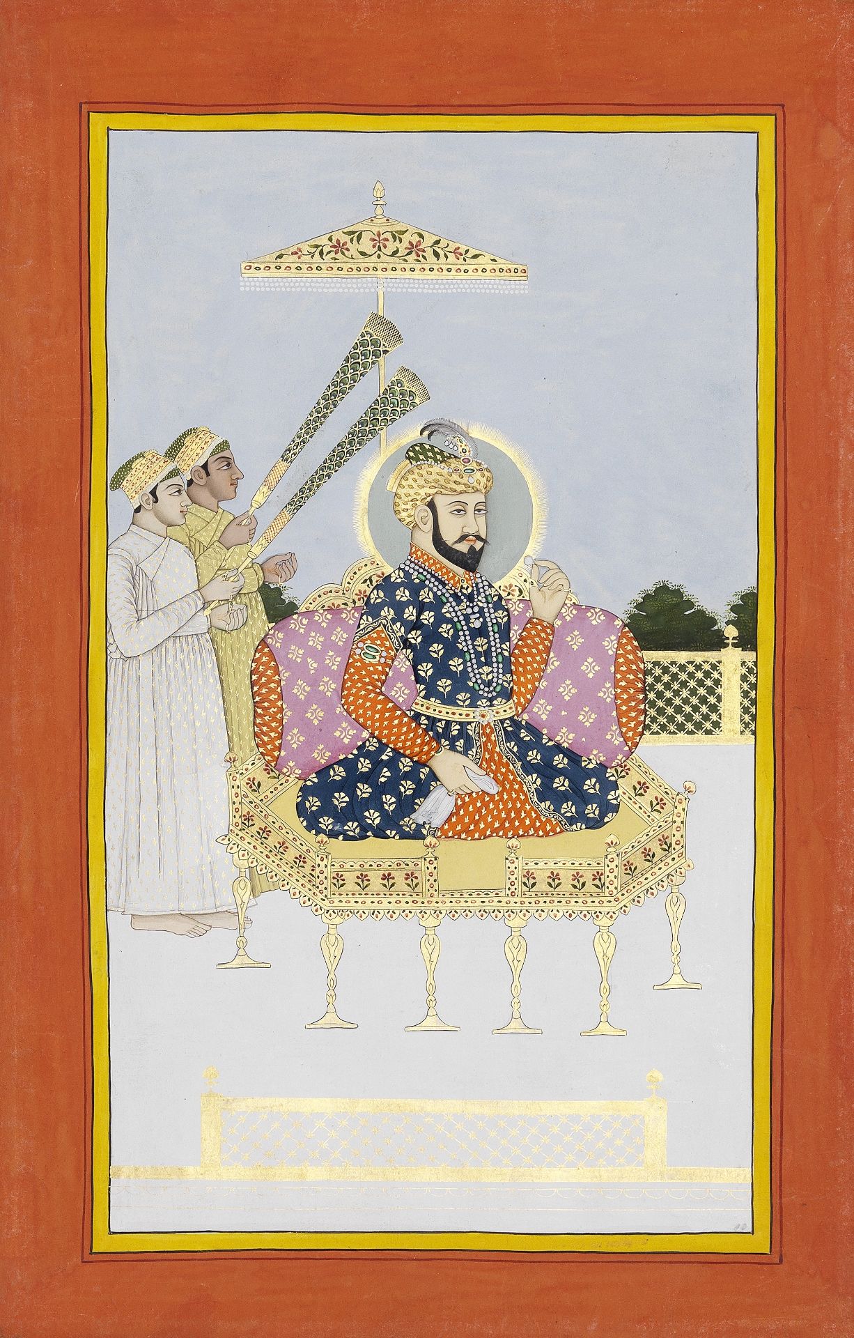 Timur enthroned with two attendants waving morchals Murshidabad, late 18th Century