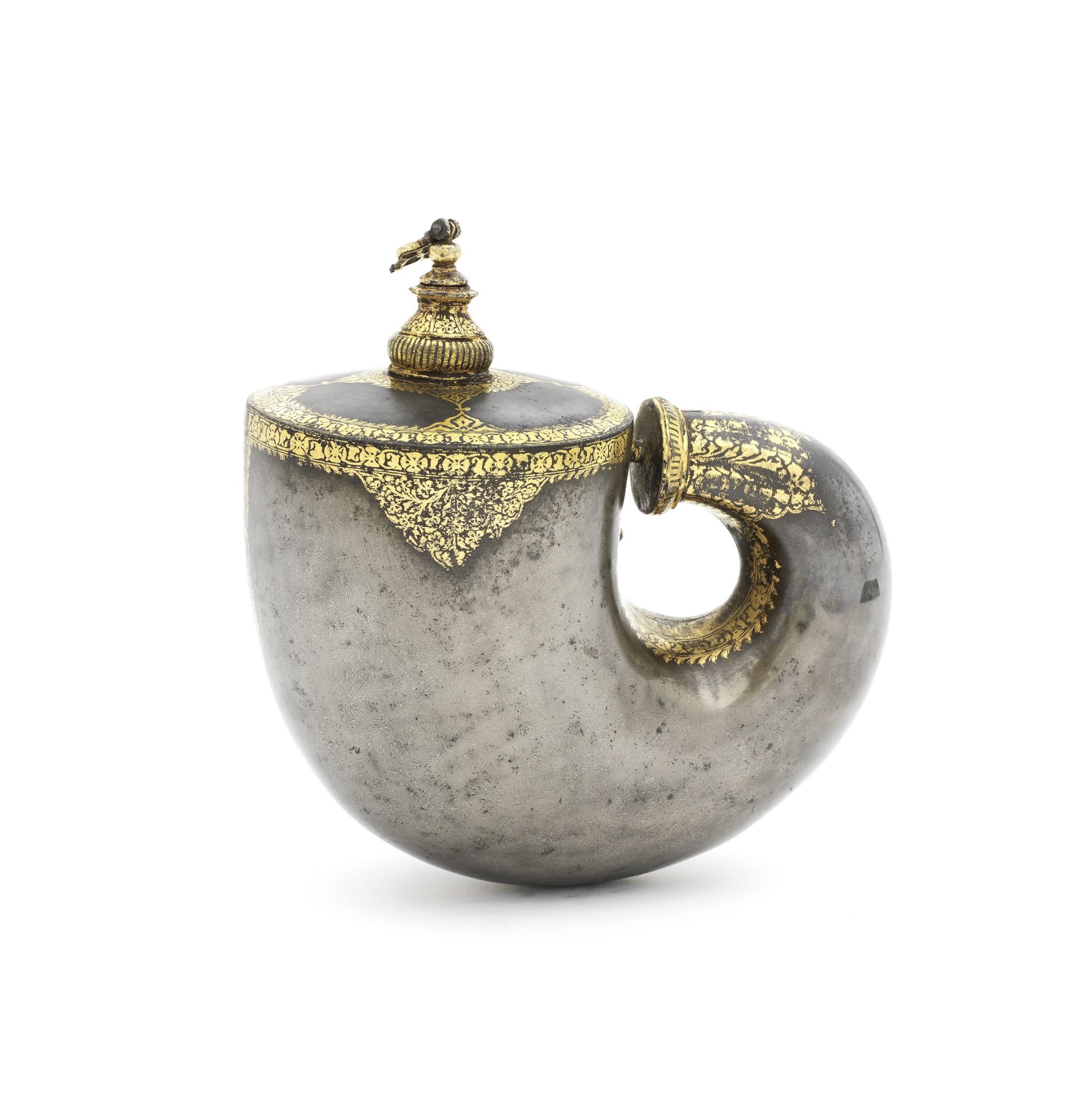 A rare gold koftgari steel powder flask Punjab, 18th Century