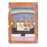 A rare painting depicting the child Guru Har Krishan conversing with a hill rajah, with attendant...