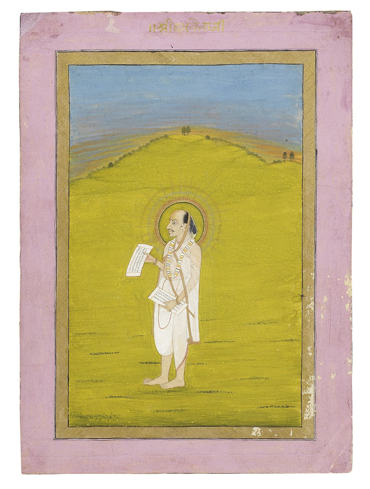 Goswami Shri Dwarkesji, a Vaishnavite priest, standing in a landscape Kishangarh, circa 1820-1830