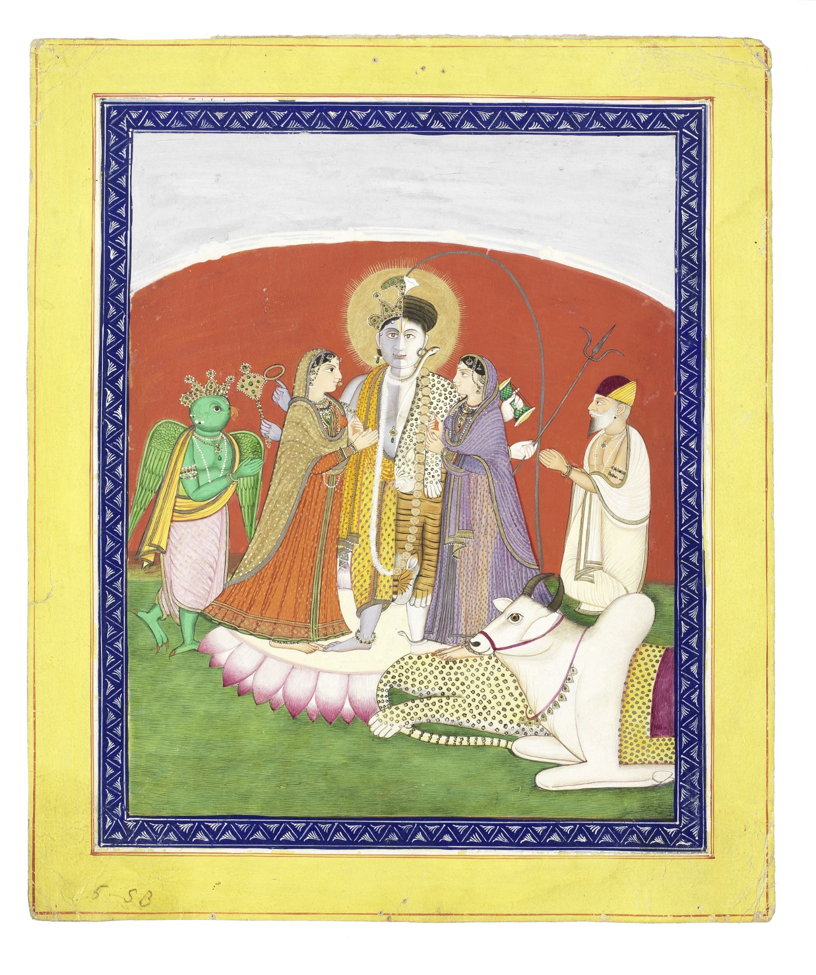 Hari-hara, the composite Vishnu-Siva, with Nandi, Garuda, and female and male devotees Pahari, ci...