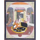 Raja Hira Singh seated in a pavilion with his mistress and a hunting dog Lahore, school of Purkhu...