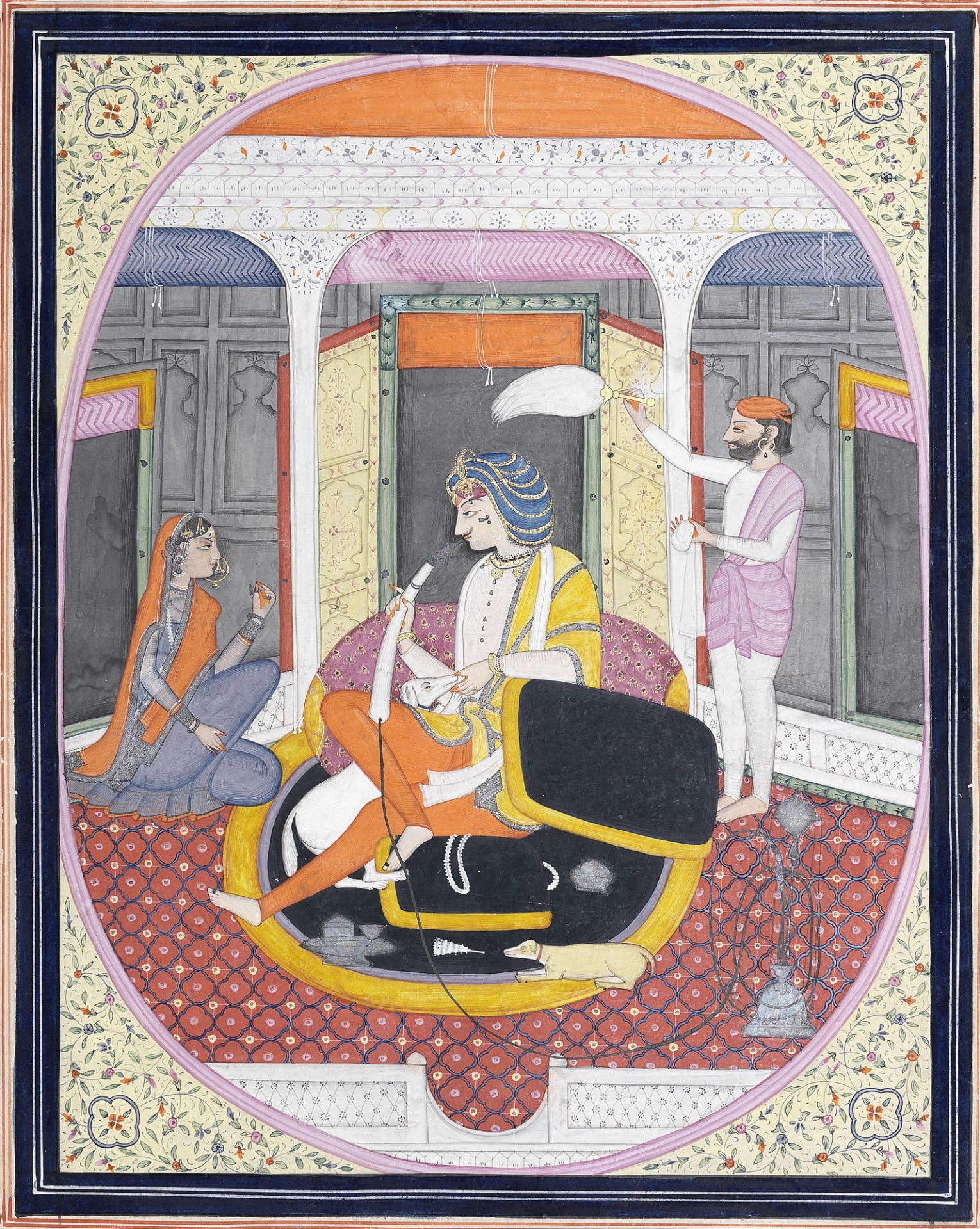Raja Hira Singh seated in a pavilion with his mistress and a hunting dog Lahore, school of Purkhu...