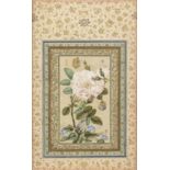 A bird perched in a rose bush, with butterflies round about (Gul-o Bulbul), signed by Muhammad 'A...