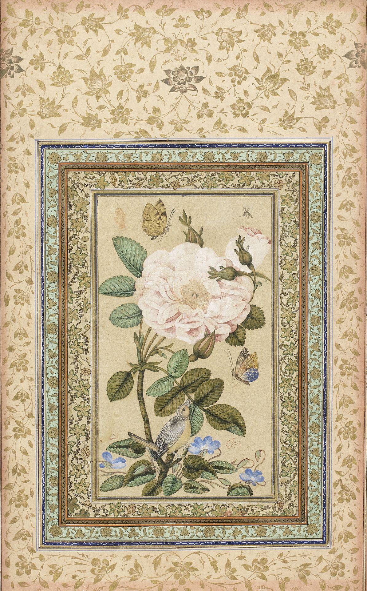 A bird perched in a rose bush, with butterflies round about (Gul-o Bulbul), signed by Muhammad 'A...