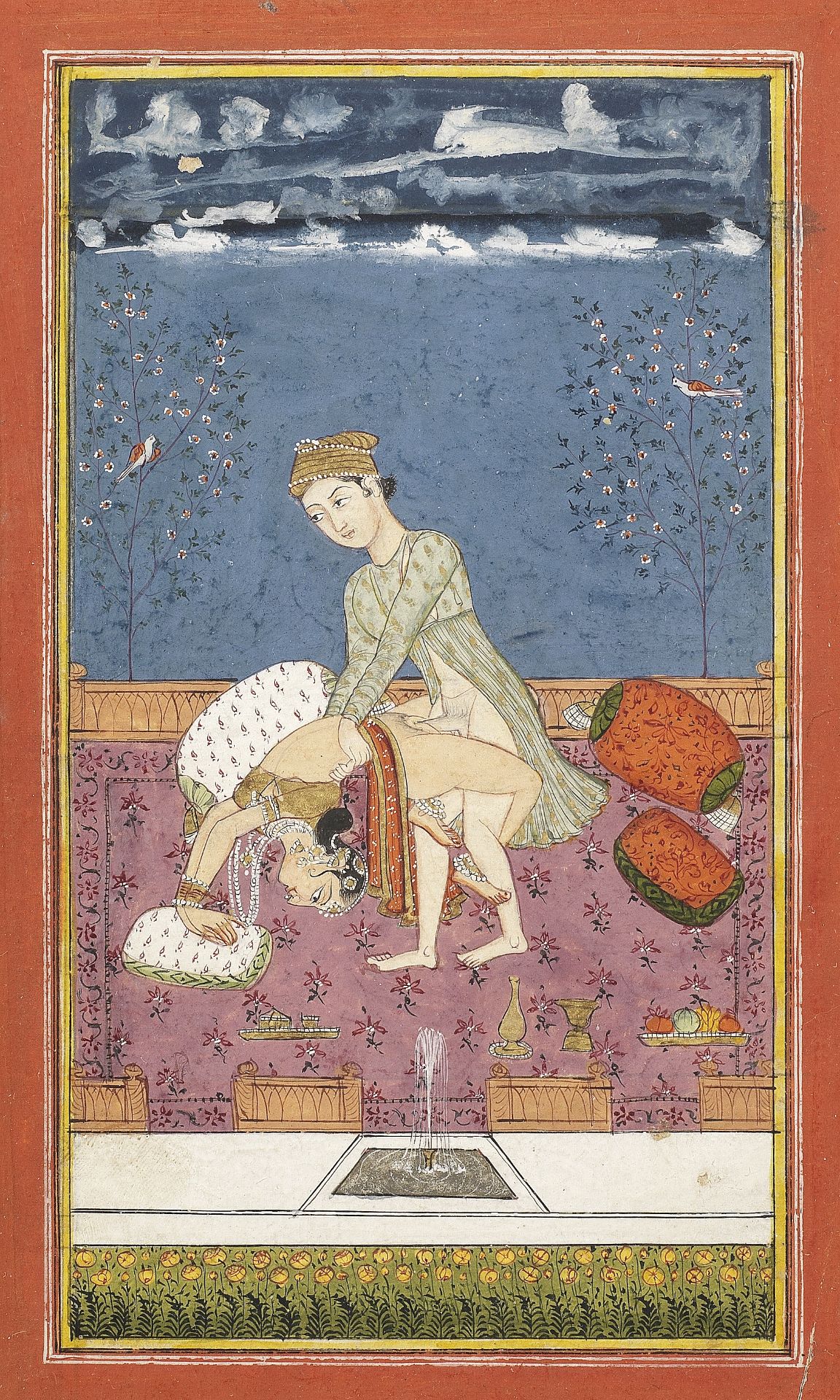 A couple in an erotic embrace on a palace terrace Bundi, 18th Century