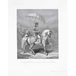 Maharajah Ranjit Singh on horseback holding a bow, accompanied by an attendant holding a parasol ...