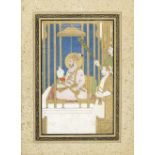 The Emperor Farrukhsiyar (reg. 1713-19) holding a falcon, seated on a terrace with a courtier and...