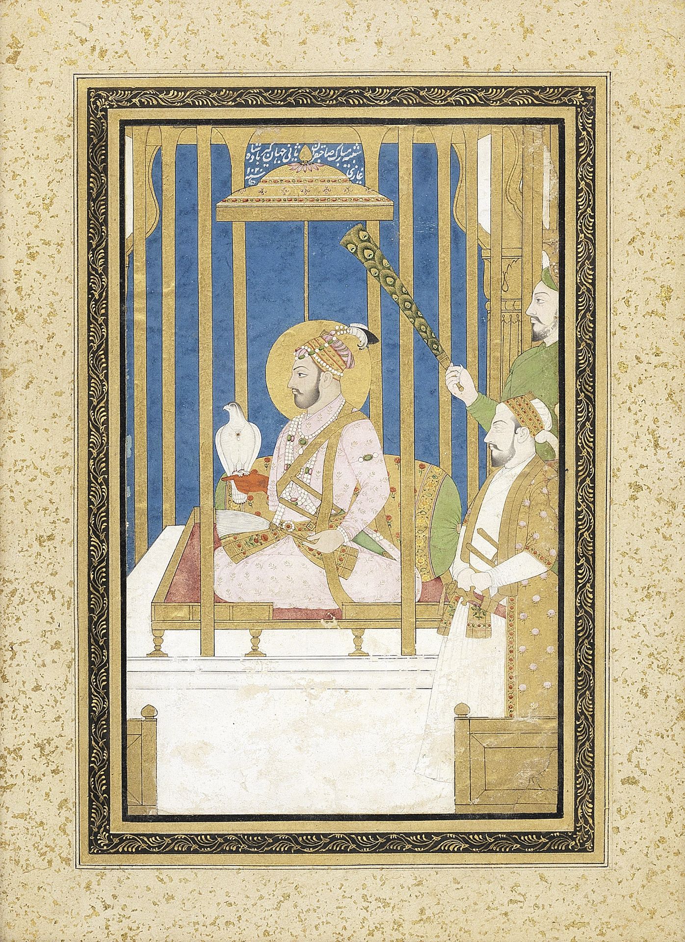 The Emperor Farrukhsiyar (reg. 1713-19) holding a falcon, seated on a terrace with a courtier and...