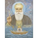 Guru Nanak, as guide and teacher, raising his hand in benediction North India or Punjab, by the a...