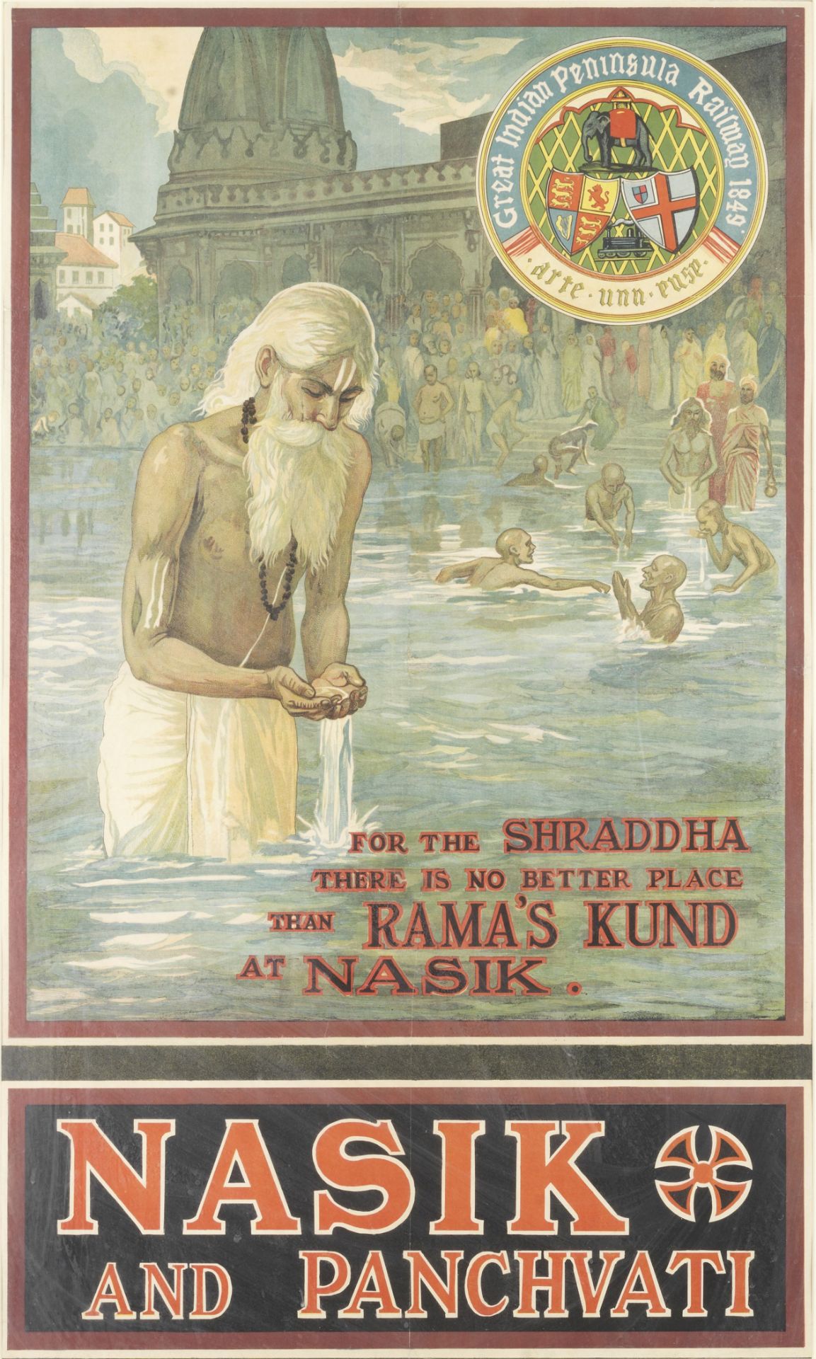 A Great Indian Peninsula Railway poster depicting Ramkund at Nashik India, circa 1920