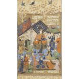 A leaf from an illustrated manuscript, depicting an enthroned ruler with courtiers Persia, 16th C...