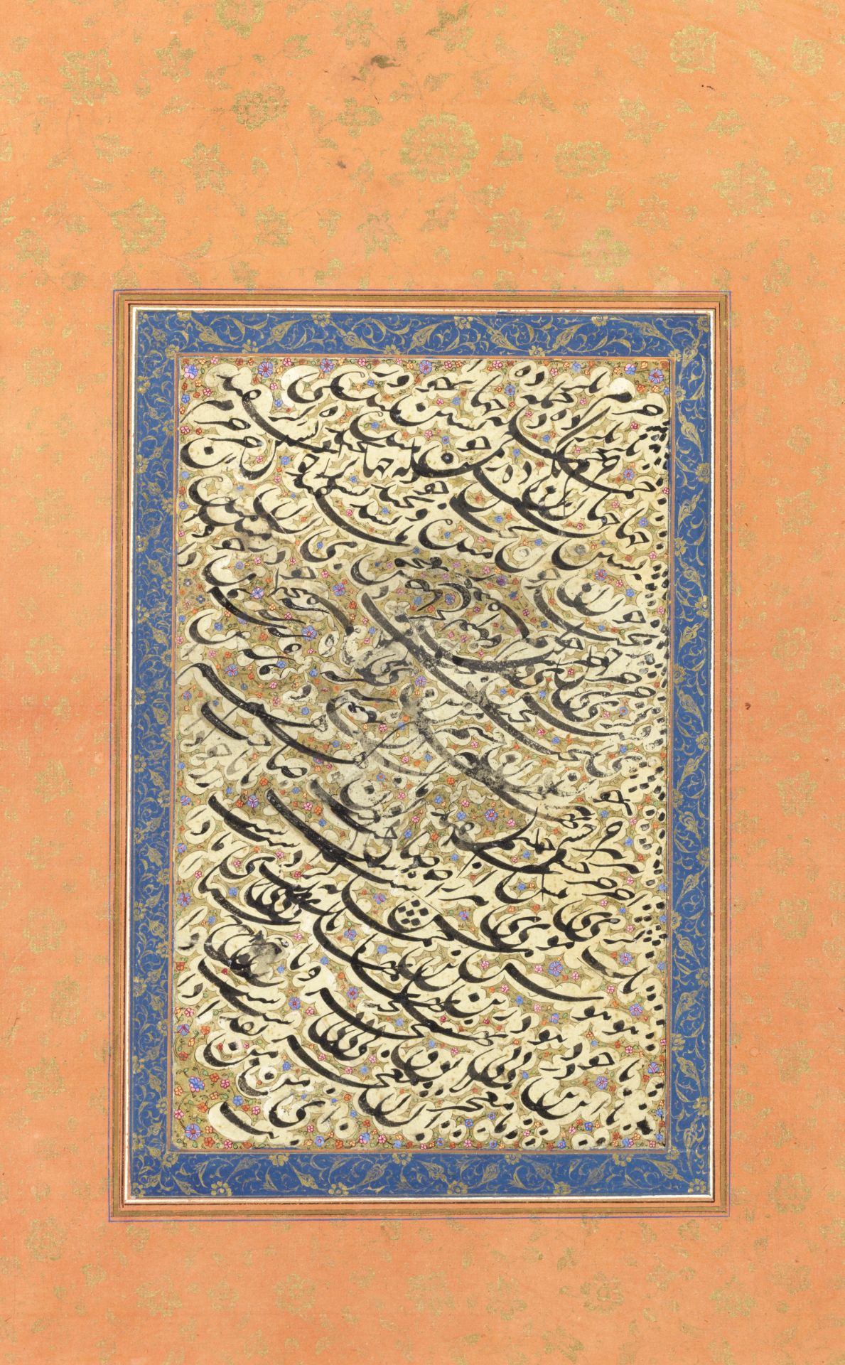 An album page of calligraphic practice writing (siyah mashq) in profuse nasta'liq script Persia, ...