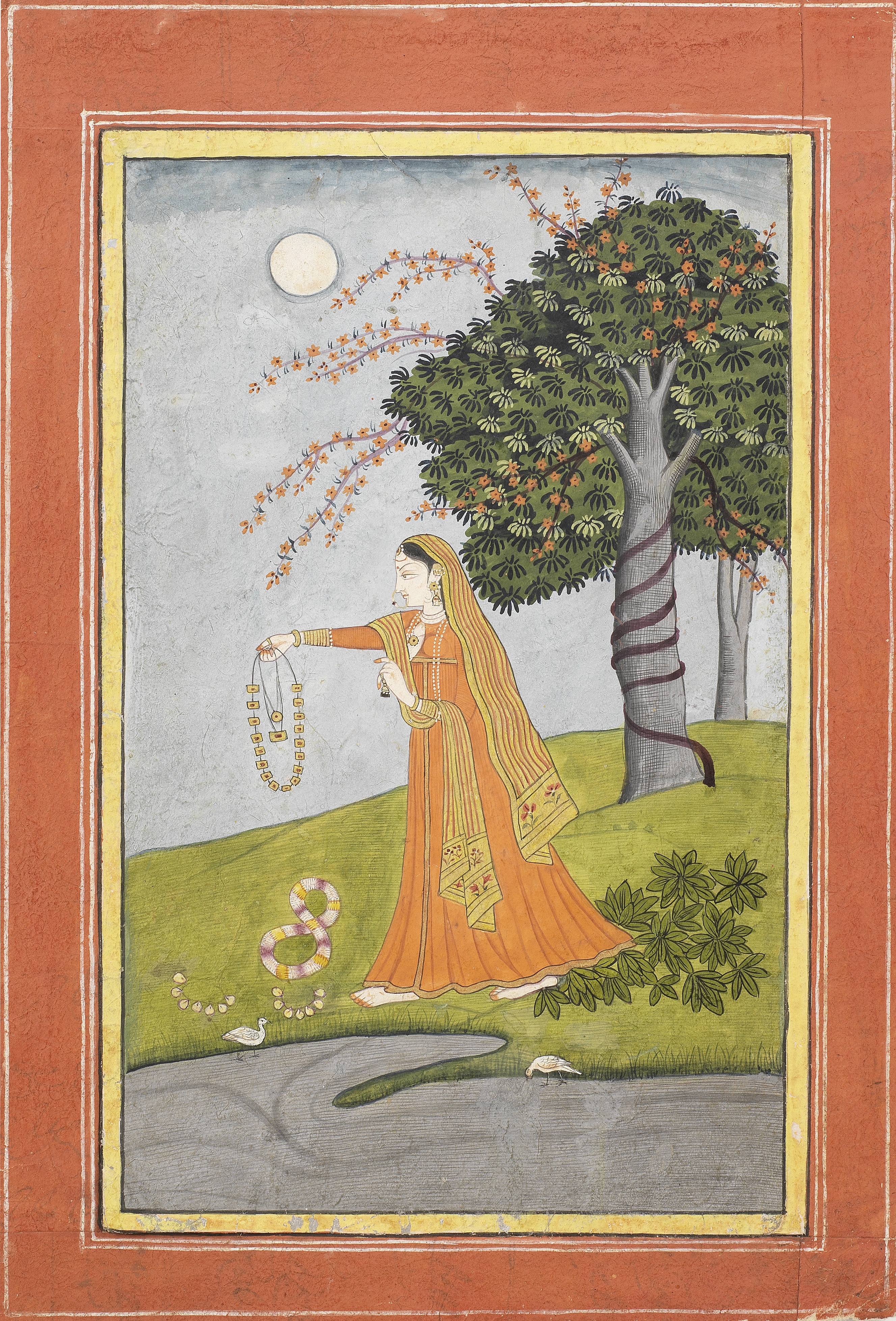 A nayika in a forest, making offerings at a river bank Pahari, circa 1850-60