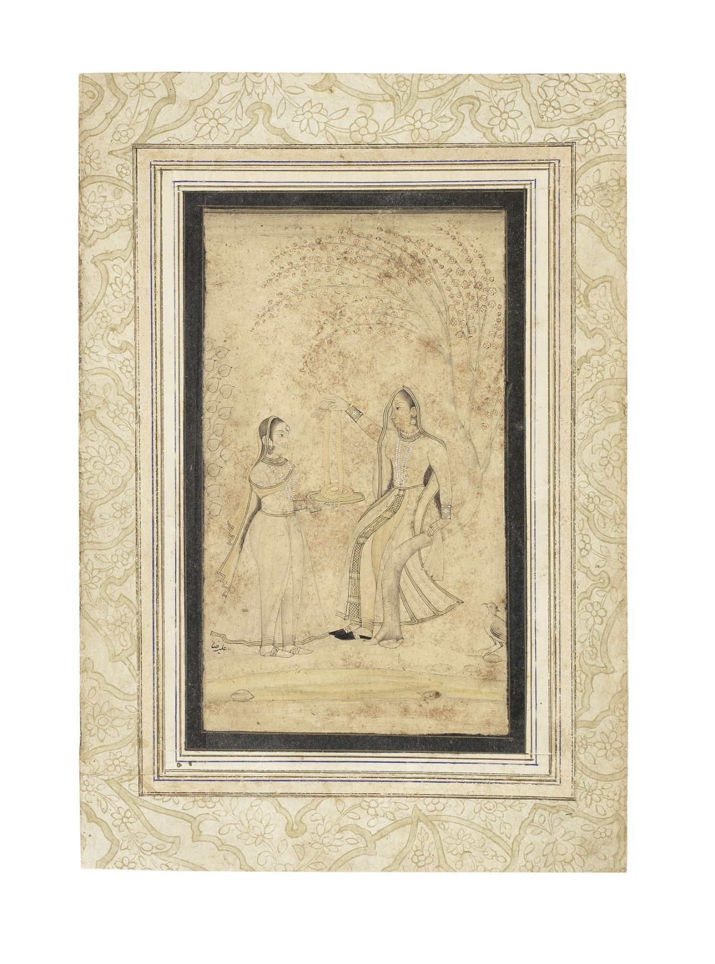 Two maidens preparing garlands beneath a tree Provincial Mughal, Deccan, circa 1630-40