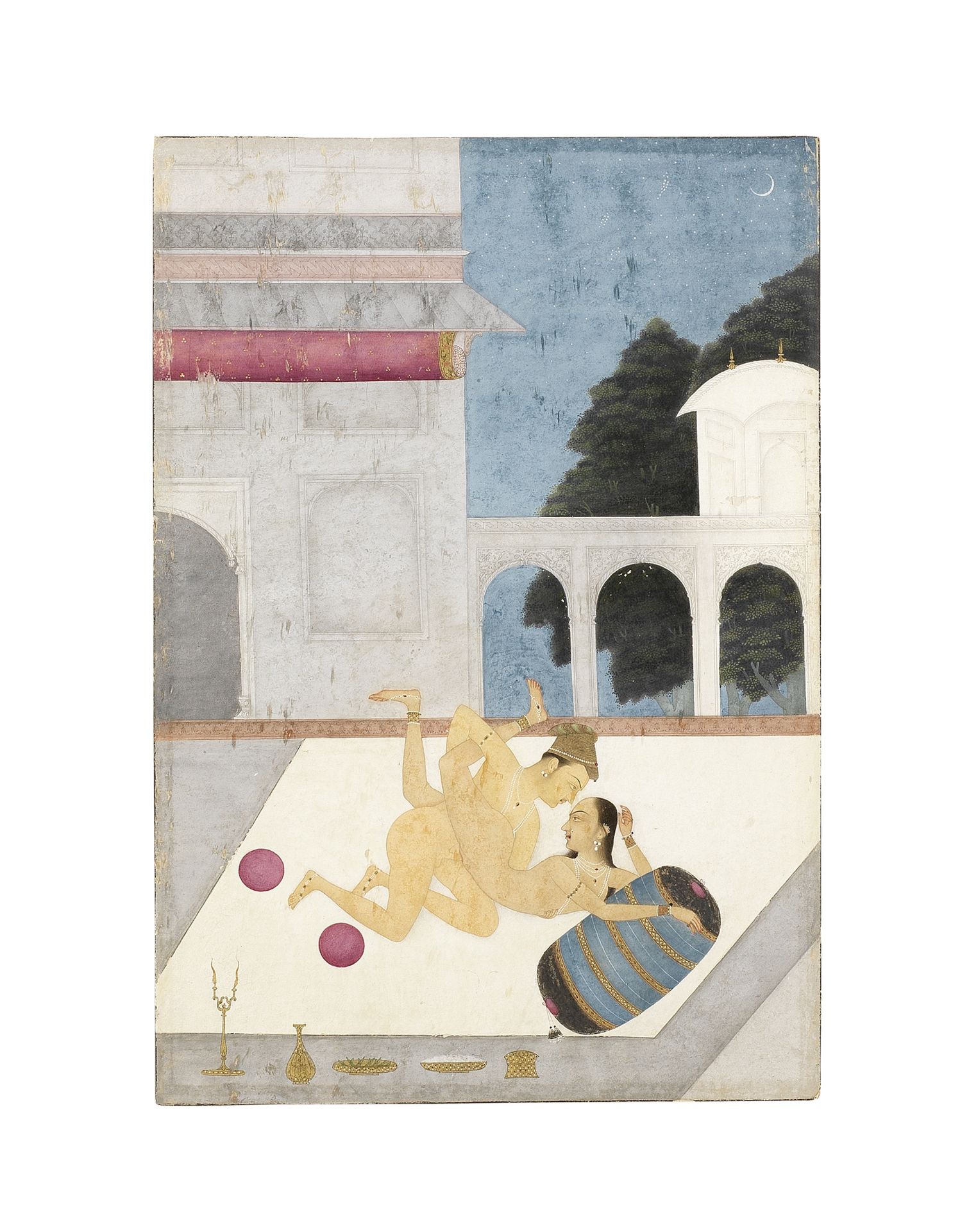 A prince and his mistress in an erotic embrace on a palace terrace Bikaner, circle of Ruknuddin, ...