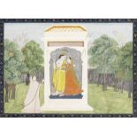 Radha and Krishna in a forest pavilion, a female devotee attending them Kangra, circa 1830