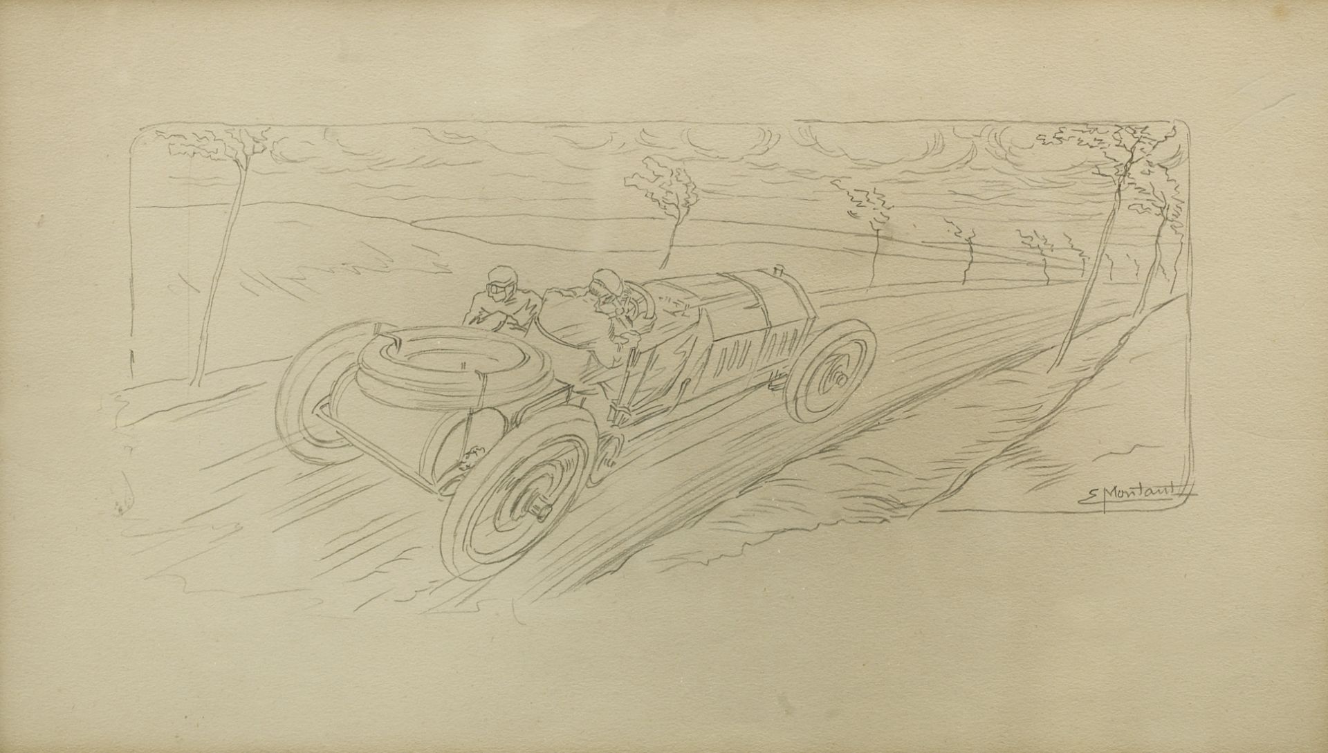 Ernest Montaut (French 1878-1909), 'Targa Florio 1907' an original pencil design for a lithograph...