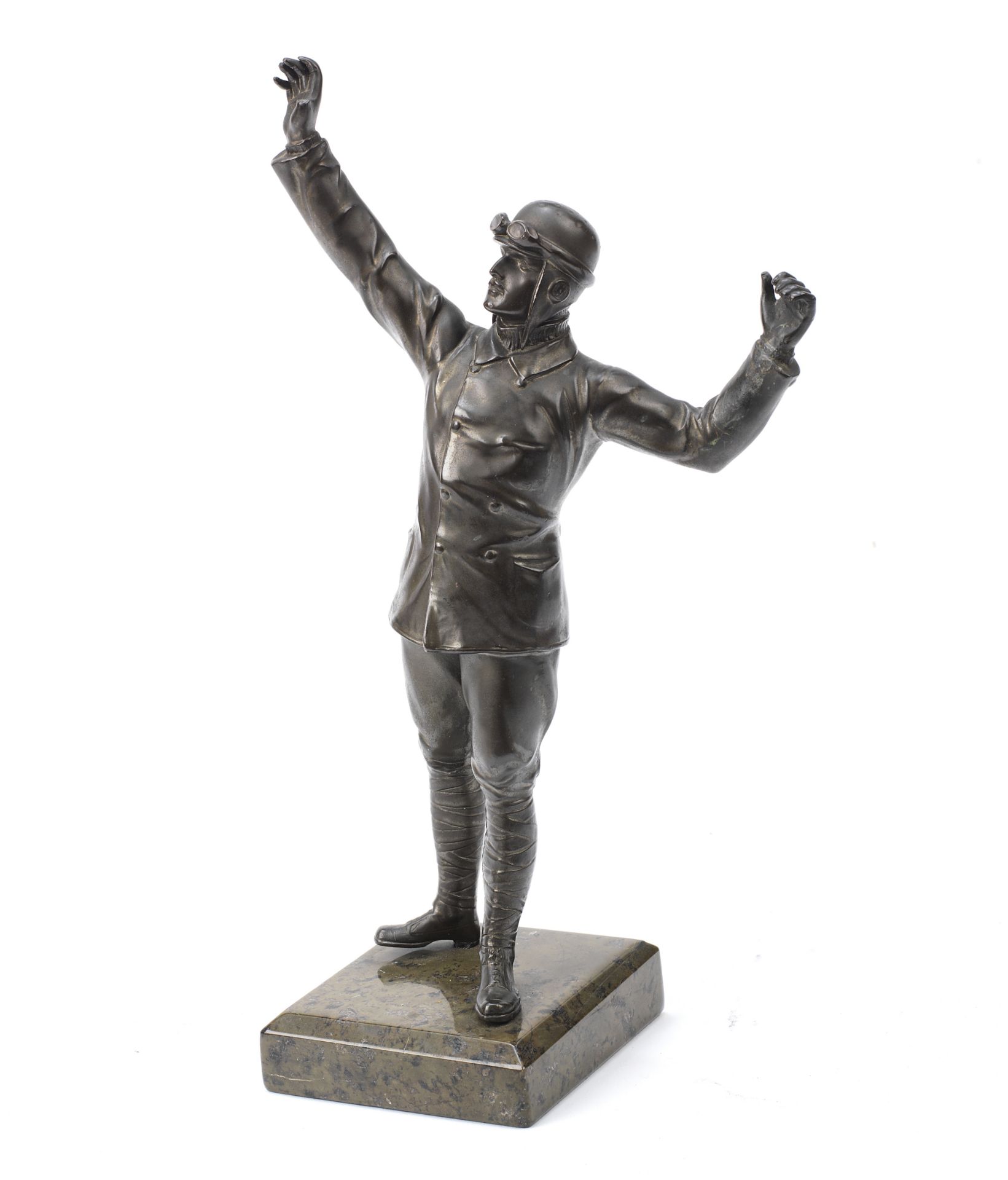 A spelter figure of an early motorist, early 20th Century,