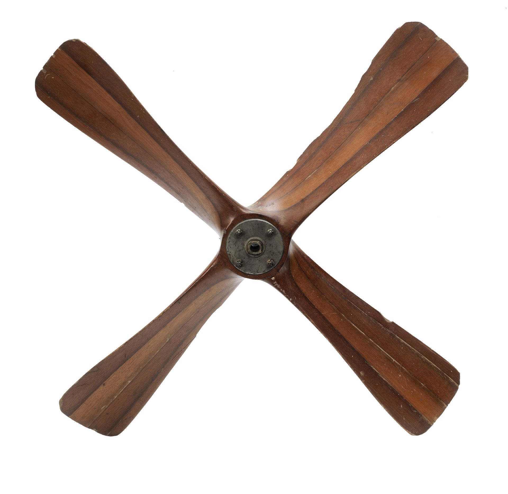 A British World War II era laminated wooden 4 bladed generator propeller, late 1930s-40s, used to...