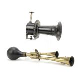 A brass three-trumpet 'Le Testophone' bulb horn, French, ((2))