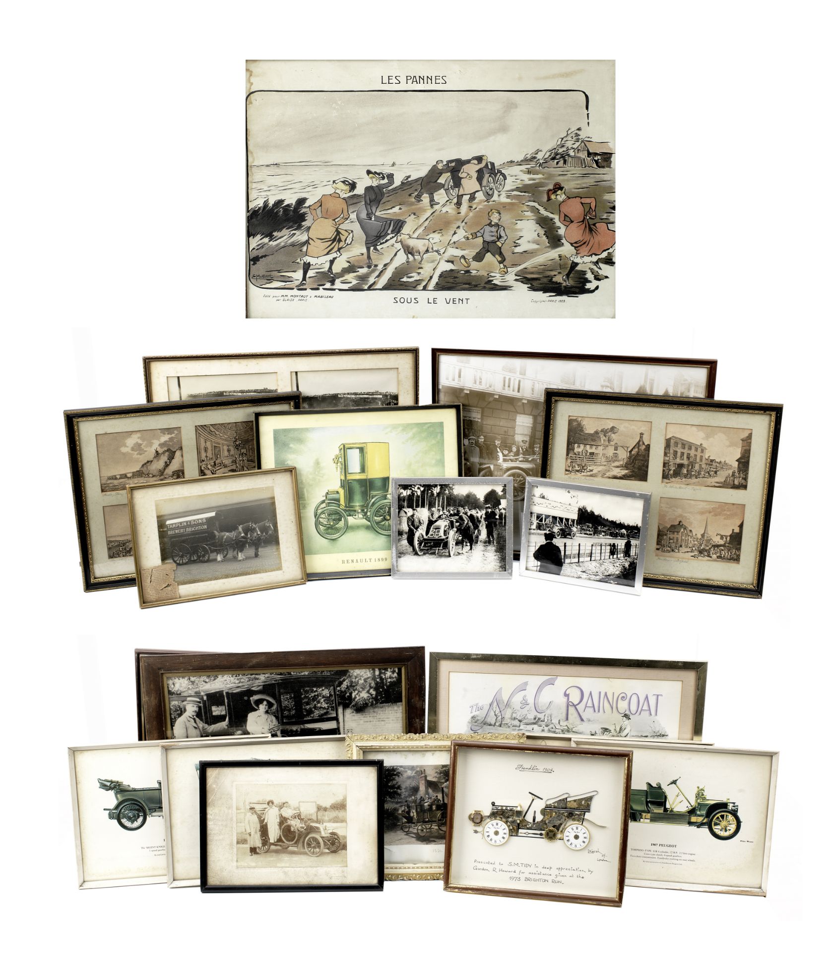 Assorted framed prints relating to early motoring, ((19))