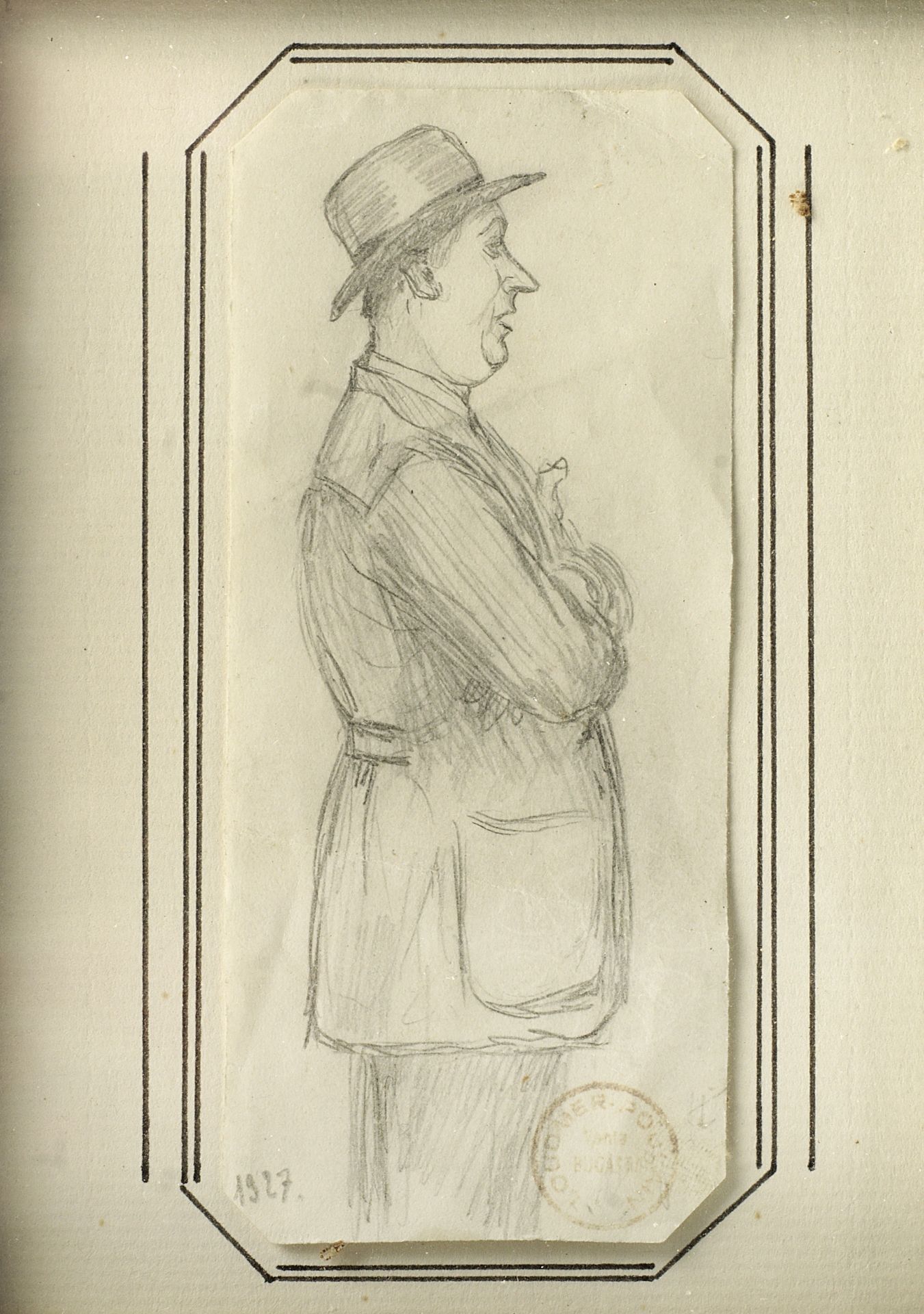 A small pencil sketch of Ettore Bugatti, 1927,