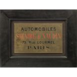 'Automobiles Sizaire & Naudin', the brass name-plate from the original workshop at 79 Rue Lourmel...